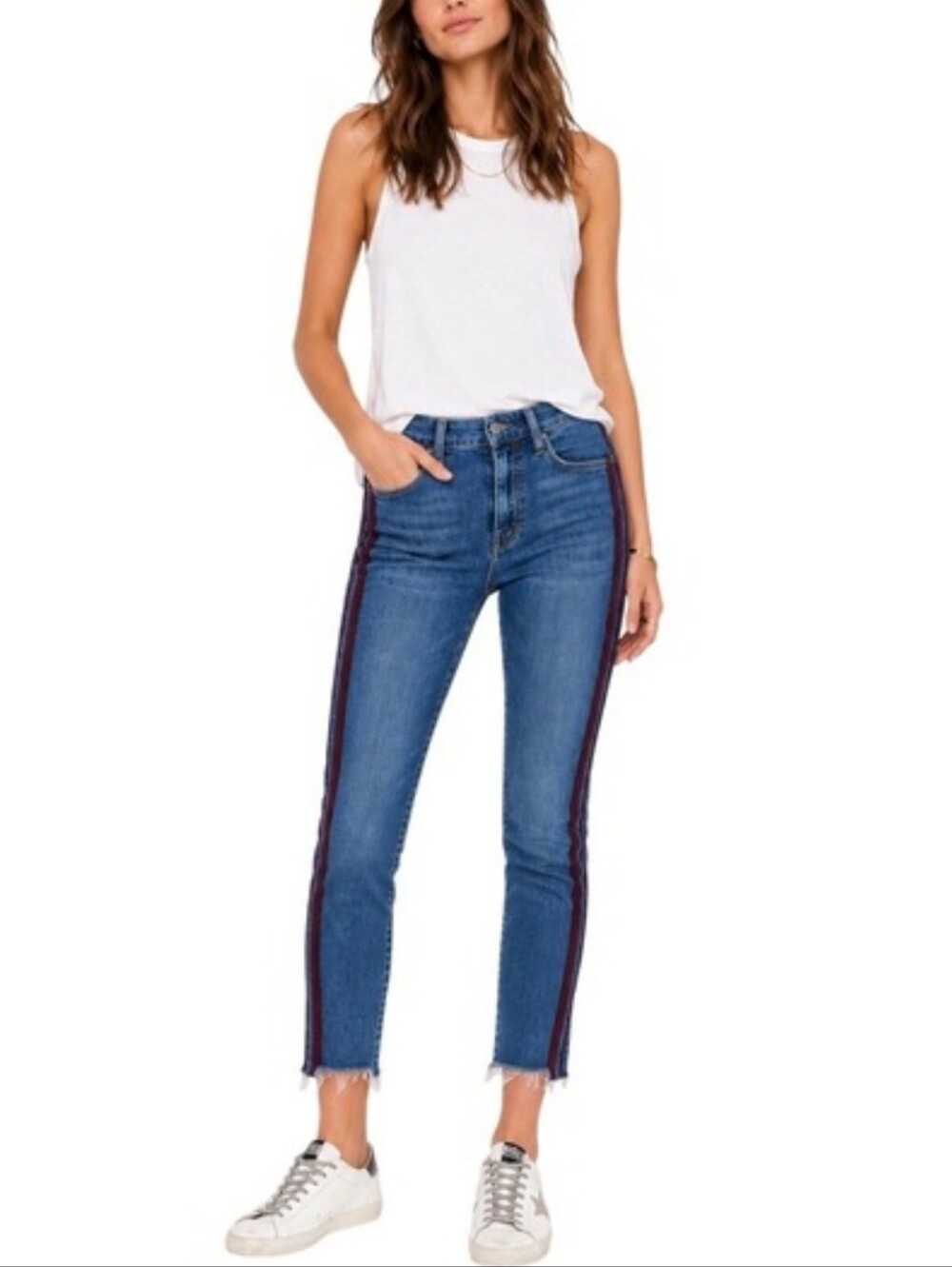 Mother Frayed Hem Stylish Denim Jeans with Red Stripe Jeans Size 26
